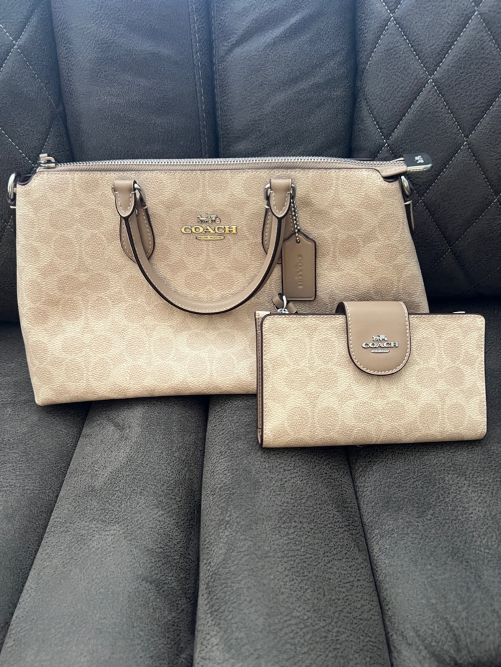 Coach Beige Signature Satchel with Matching Wallet